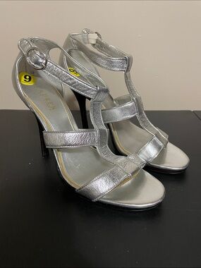 Ralph Lauren Silver Metallic T-Strap Stiletto Heels Size 9